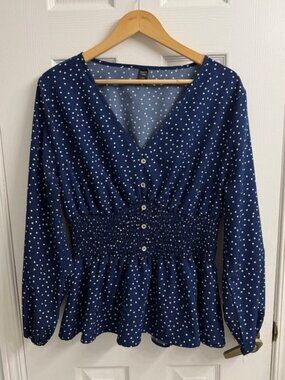 SHEIN Curve Navy Polka Dot Peplum Blouse Women's 2XL Smocked Waist V Neck Chic